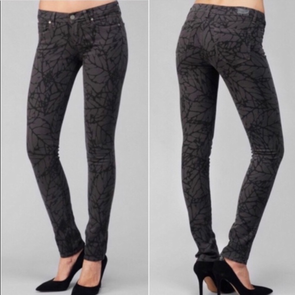 Paige Skyline Skinny Jean Leaf Print Pattern gray